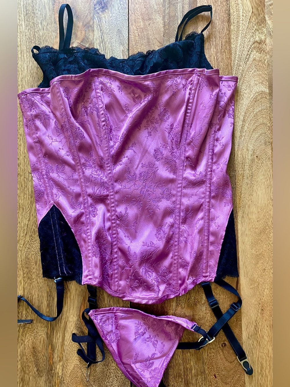 Frederick's of Hollywood Purple Satin Lace-Trim Corset & Thong Set A1